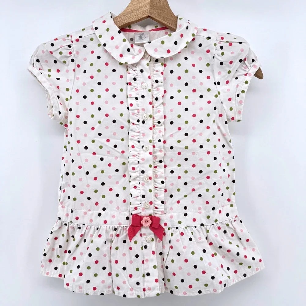 Gymboree Polka Dot Blouse Kids Size 7 White Pink Ruffle Peter Pan Collar Bow